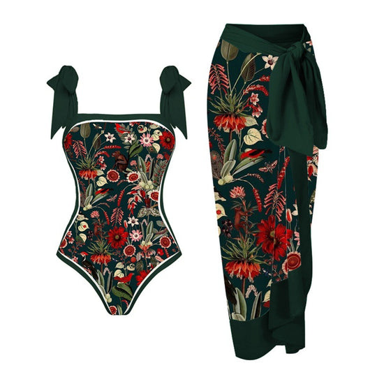 Damen Bikini-Set mit floralem Design und elegantem Überrock EB