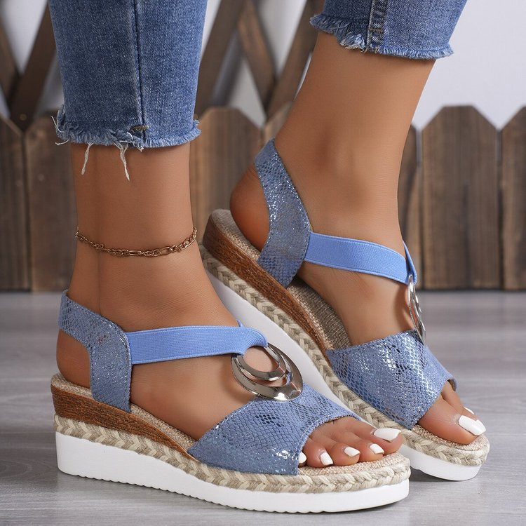 Damen Keil-Sandalen mit Bast-Plateau, elastischem Riemen und Zier-Öse EB