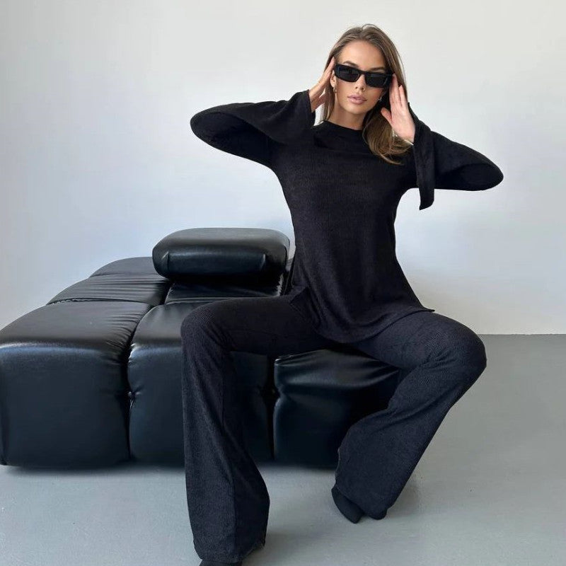 Damen lässiges Strickoberteil und Flared Hose Set EB