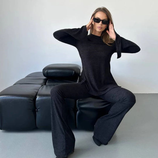 Damen lässiges Strickoberteil und Flared Hose Set EB