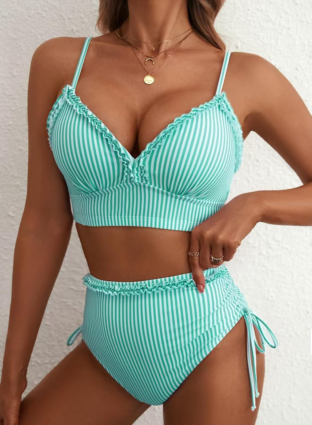 Damen Bikini-Set mit süßem Rüschendetail und hoch tailliertem Schnitt EB