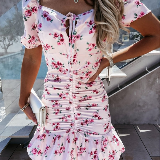 Damen Floral Print Raffung Mini Kleid EB