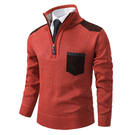 Herren elegante Strickpullover mit halben Reißverschluss und praktischem Taschenlayout EB