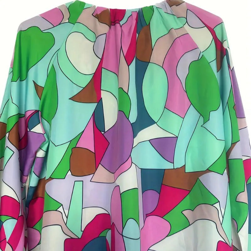 Damen oversized Bluse mit farbenfrohem grafischen Muster und weit ausgestellten Ärmeln EB