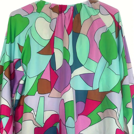 Damen oversized Bluse mit farbenfrohem grafischen Muster und weit ausgestellten Ärmeln EB