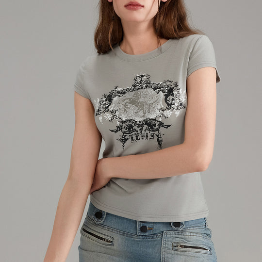 Damen lässiges Grafik-Crop-Top mit Rundhals-Ausschnitt EB