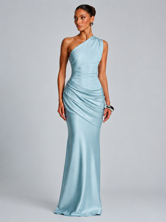 Damen elegantes asymmetrisches Satin-Abendkleid mit Drapé-Design EB
