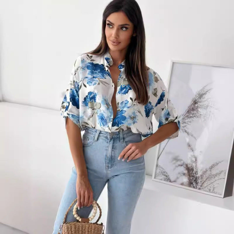 Damen Blumige Oversized Hemdbluse mit kurzen Ärmeln EB