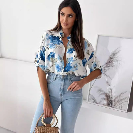 Damen Blumige Oversized Hemdbluse mit kurzen Ärmeln EB