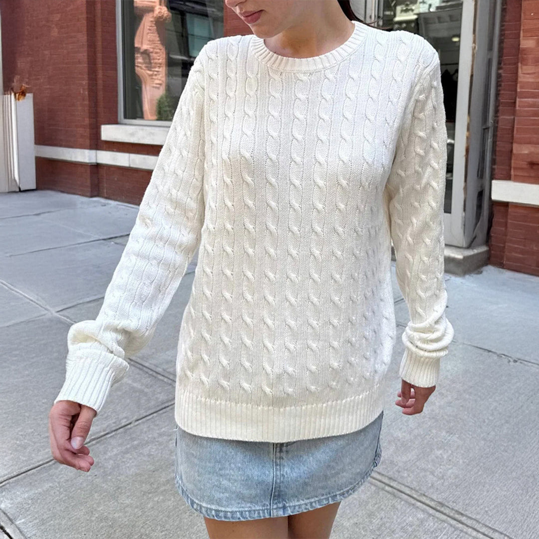 Damen nan grob gestrickter Zopfstrickpullover mit Rundhalsausschnitt, entspannter Oversize-Passform und gerippten Bündchen EB