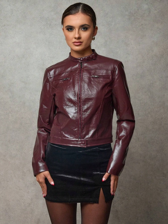 Damen Kurze Kunstlederjacke mit asymmetrischem Schnitt EB