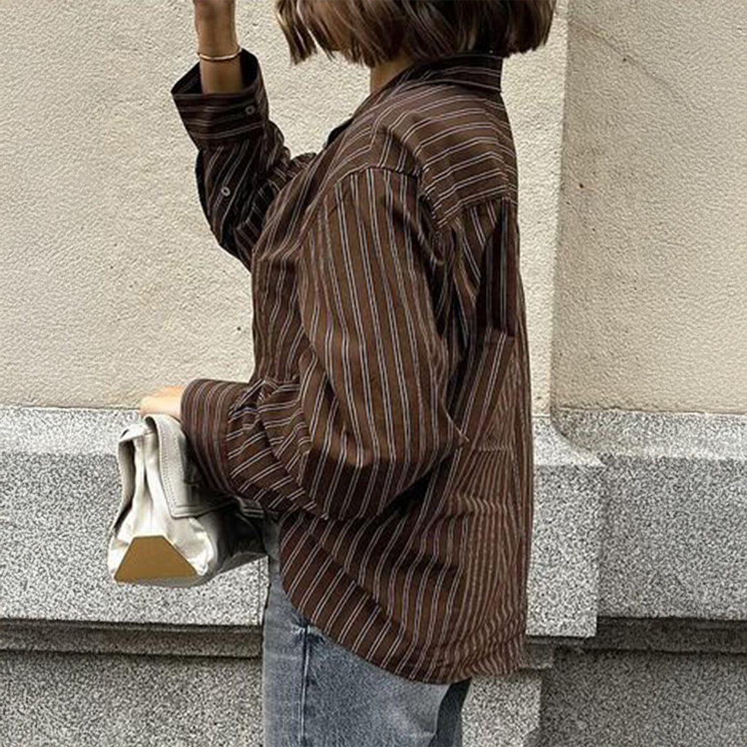 Damen nan lässiges Oversize-Hemd mit feinen Nadelstreifen, Hemdkragen und Brusttasche EB