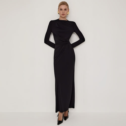 Damen figurbetontes Maxikleid mit eleganten Drapierungen und langem Arm EB