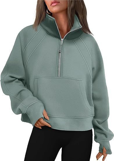 Damen nan weit geschnittenes Kurzpullover mit Stehkragen, halbem Reißverschluss und Kängurutasche EB
