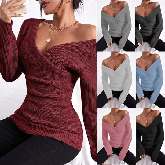 Damen Eleganter und lockerer Pullover mit tiefem V-Ausschnitt und langen Ärmeln EB