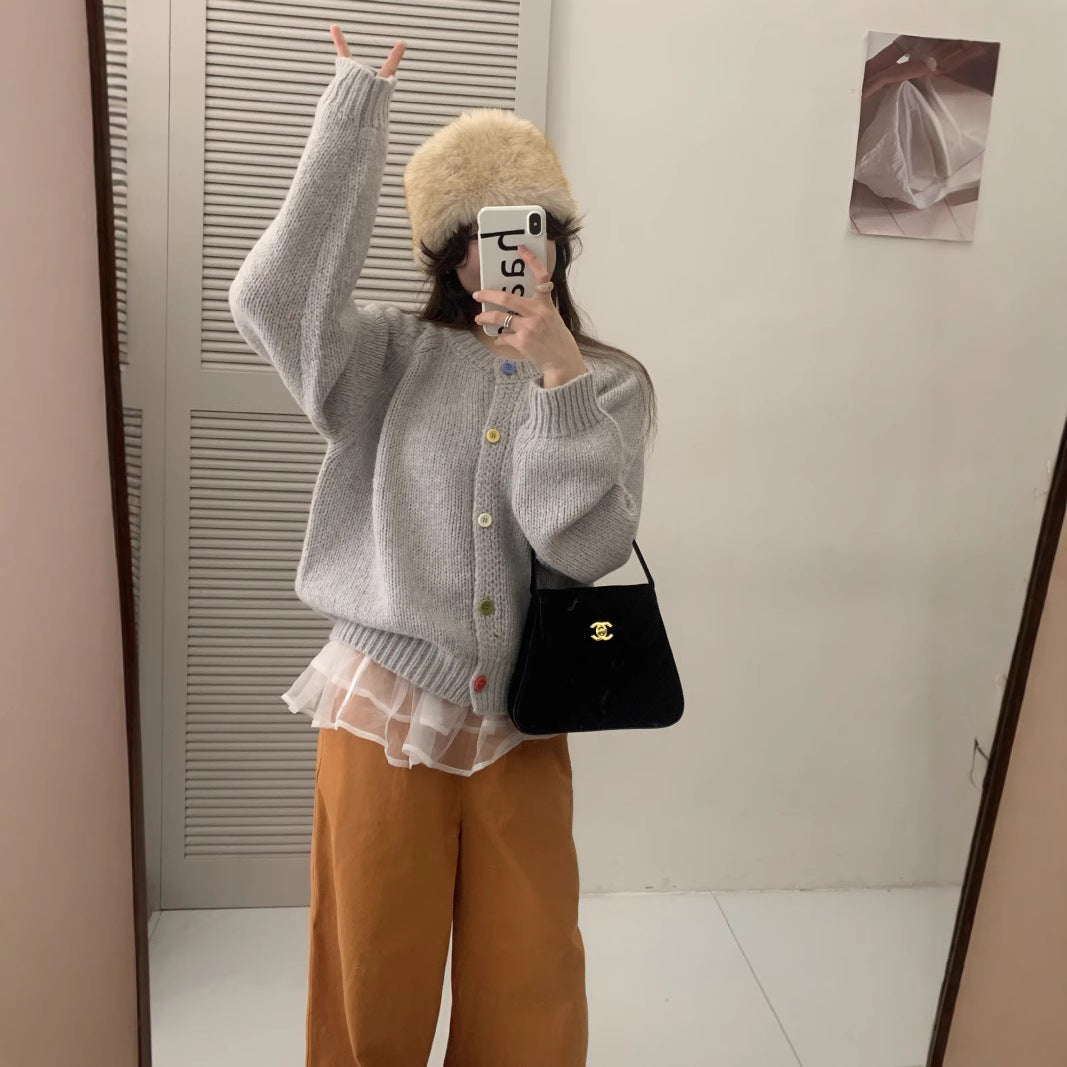 Damen Kuschelige Strickjacke mit bunten Knöpfen und lockerer Passform EB