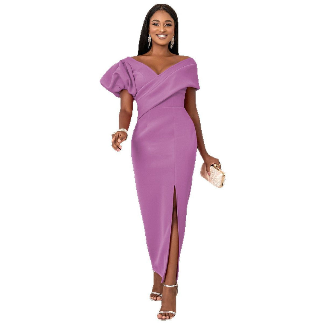 Damen Elegantes, figurbetontes Abendkleid mit asymmetrischem Ausschnitt und Puffärmeln EB