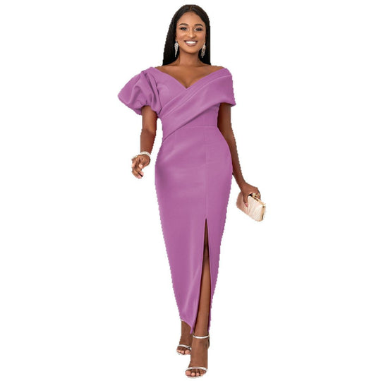 Damen Elegantes, figurbetontes Abendkleid mit asymmetrischem Ausschnitt und Puffärmeln EB