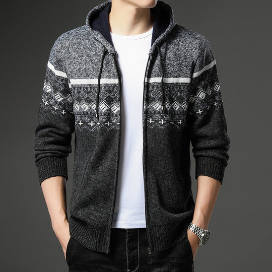 Herren gemusterte Strickjacke mit Kapuze und komfortablem Schnitt EB