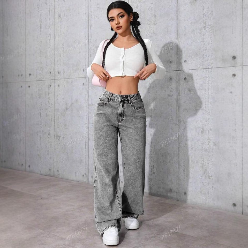 Damen Weit geschnittene Jeans mit kräftigen Kontrastnähten und verspielt gestickten Taschen EB