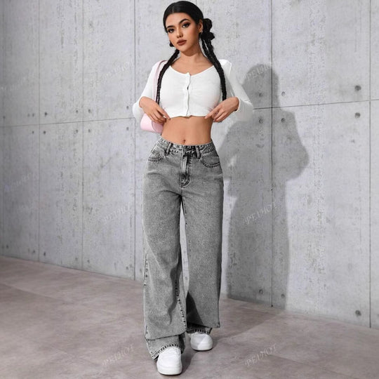 Damen Weit geschnittene Jeans mit kräftigen Kontrastnähten und verspielt gestickten Taschen EB