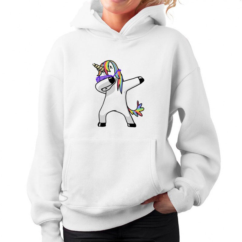 Damen Kapuzenpullover mit Einhorn-Dab-Print, Kängurutasche und weichem Baumwollmix EB