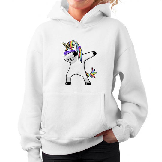 Damen Kapuzenpullover mit Einhorn-Dab-Print, Kängurutasche und weichem Baumwollmix EB
