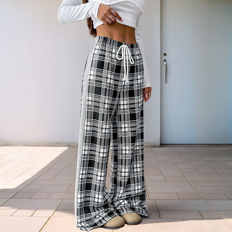 Damen weite Freizeithose mit Karo-Muster und verstellbarem Bund EB