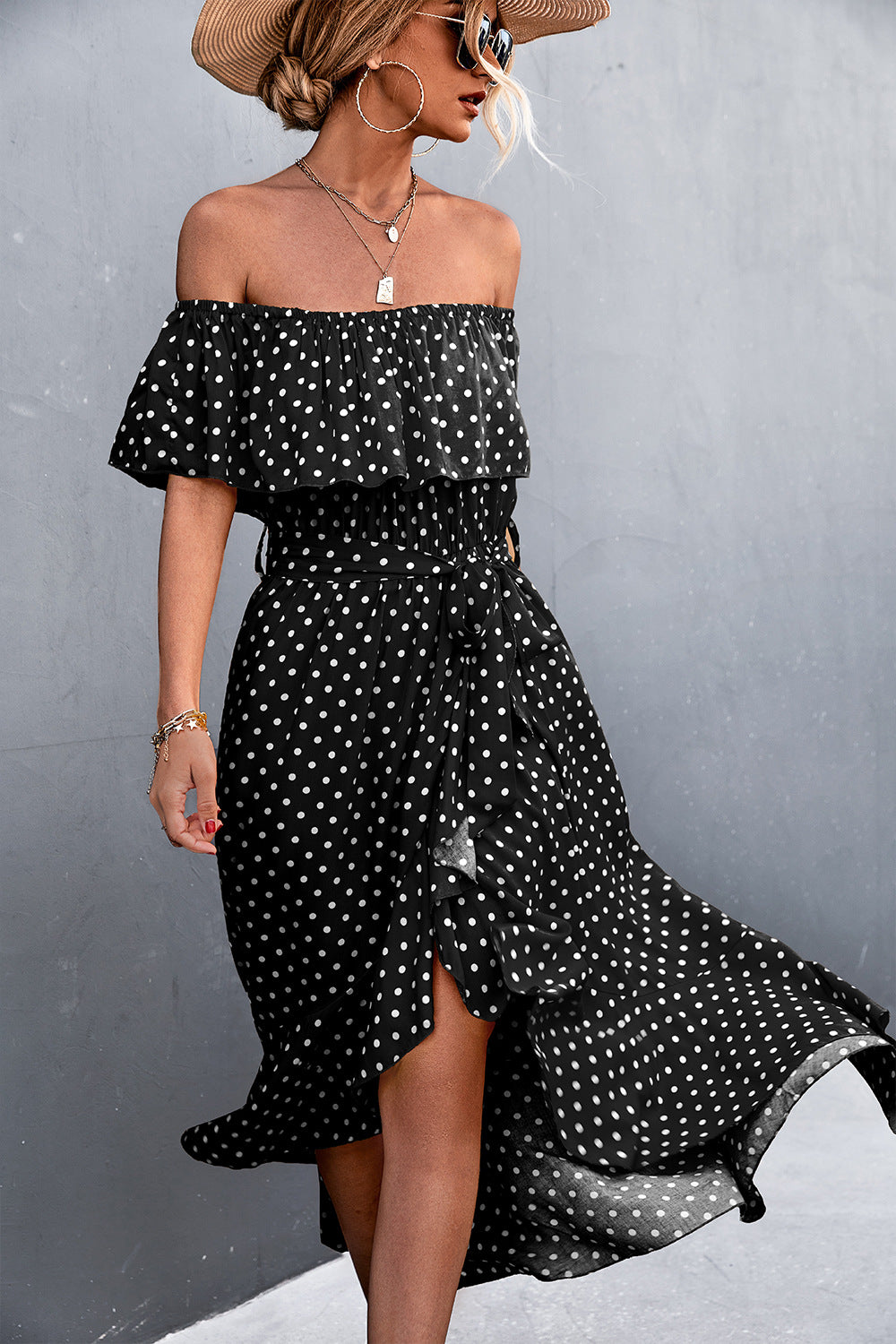 Damen Off-Shoulder Maxikleid mit Rüschendetails und seitlichem Schlitz EB