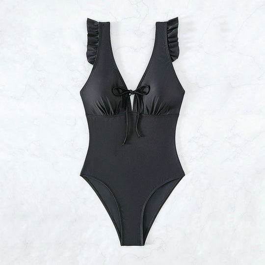 Damen Einteiler Badeanzug mit eleganten Volants und tiefem V-Ausschnitt EB