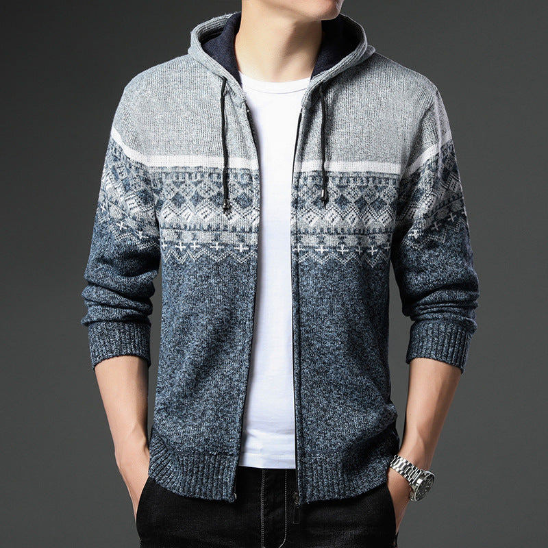 Herren gemusterte Strickjacke mit Kapuze und komfortablem Schnitt EB