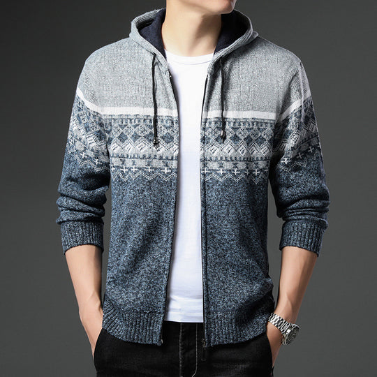 Herren gemusterte Strickjacke mit Kapuze und komfortablem Schnitt EB