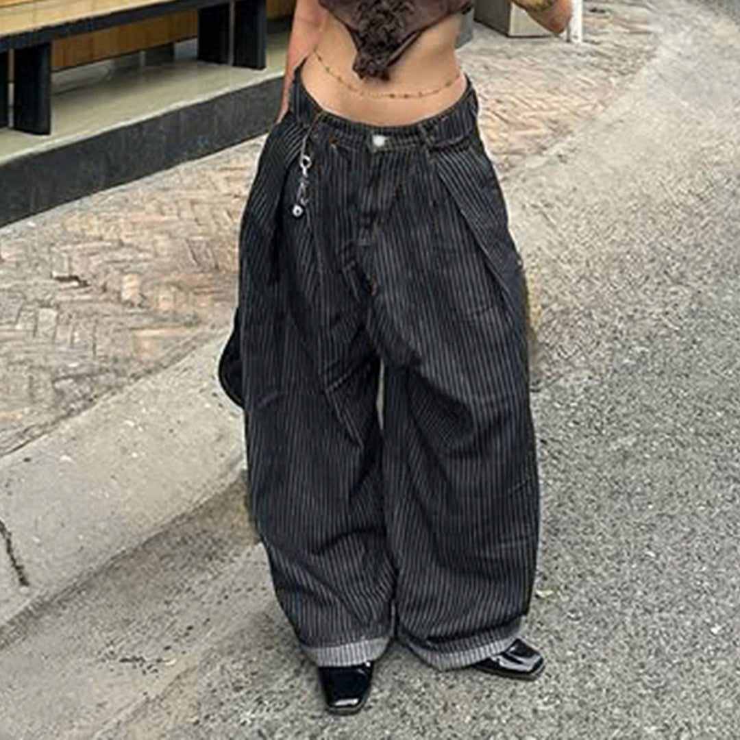 Damen Weite Hochtaillierte Streifenjeans EB