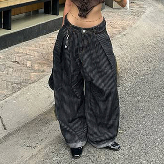 Damen Weite Hochtaillierte Streifenjeans EB