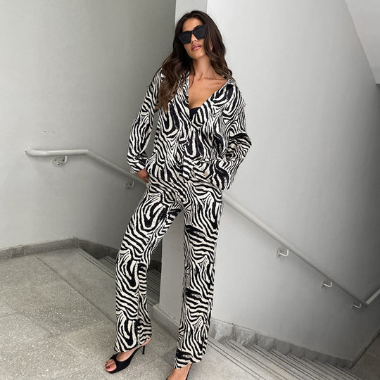 Damen Elegante Zebra-Muster Übergröße Pyjama-Anzug EB