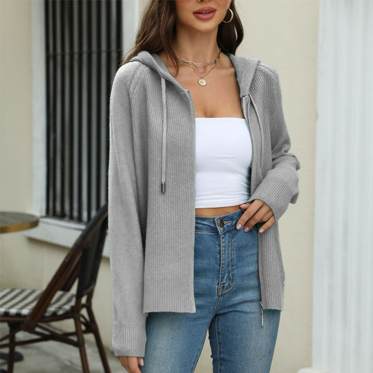 Damen legerer Strickcardigan mit Kapuze und Reißverschluss EB