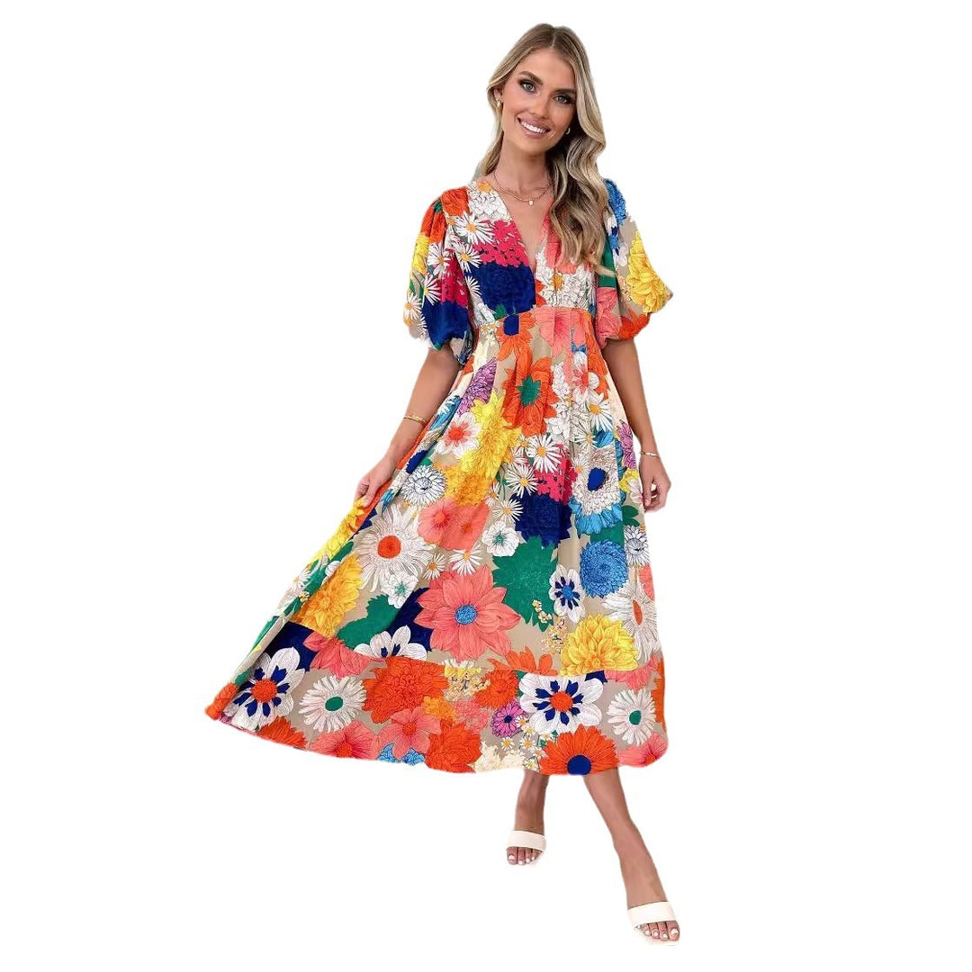 Damen Maxikleid mit buntem floralen Design und lässigen Puffärmeln EB
