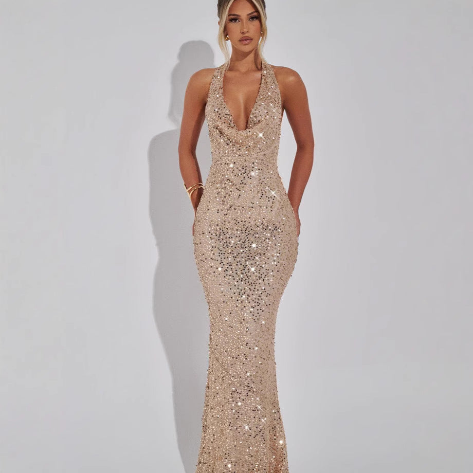 Damen Funktionskleid mit glamourösem Paillettenbesatz und tiefem V-Ausschnitt EB