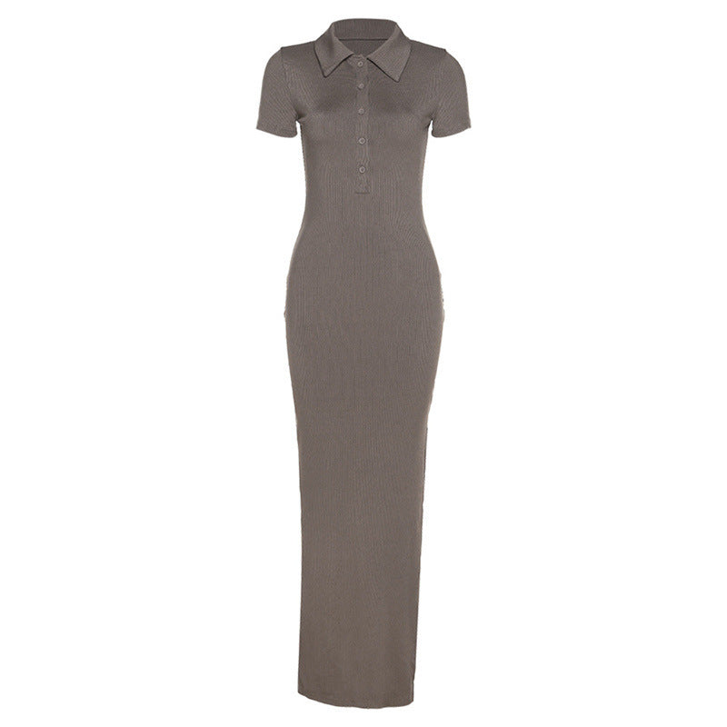 Damen Maxikleid mit kurzem Arm und klassischem Kragen EB