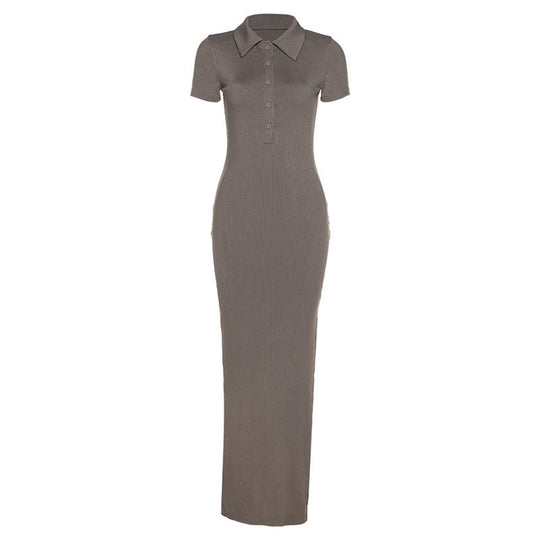 Damen Maxikleid mit kurzem Arm und klassischem Kragen EB