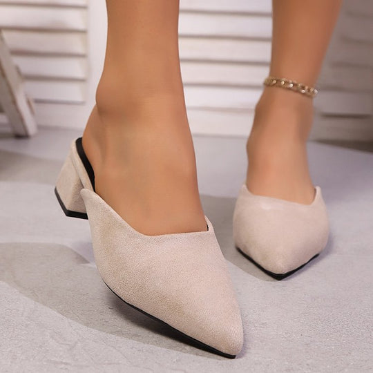 Damen elegante Mules mit spitz zulaufender Spitze und modischem Blockabsatz EB