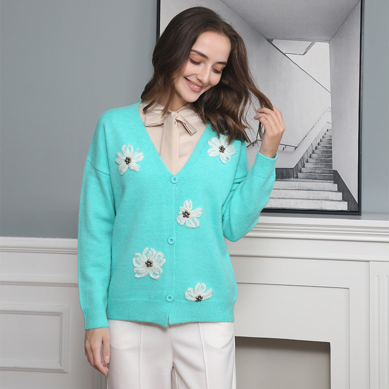 Damen Strickjacke mit floralem Motiv und eleganter Knopfleiste EB
