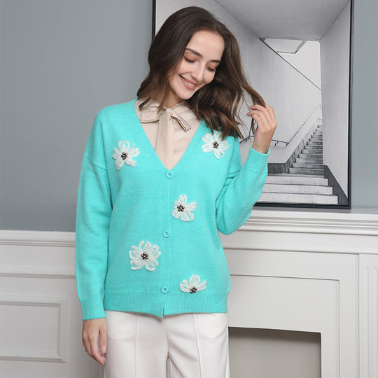 Damen Strickjacke mit floralem Motiv und eleganter Knopfleiste EB