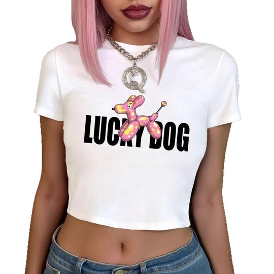 Damen Crop-Top T-Shirt mit lustigem Ballonhund-Design EB