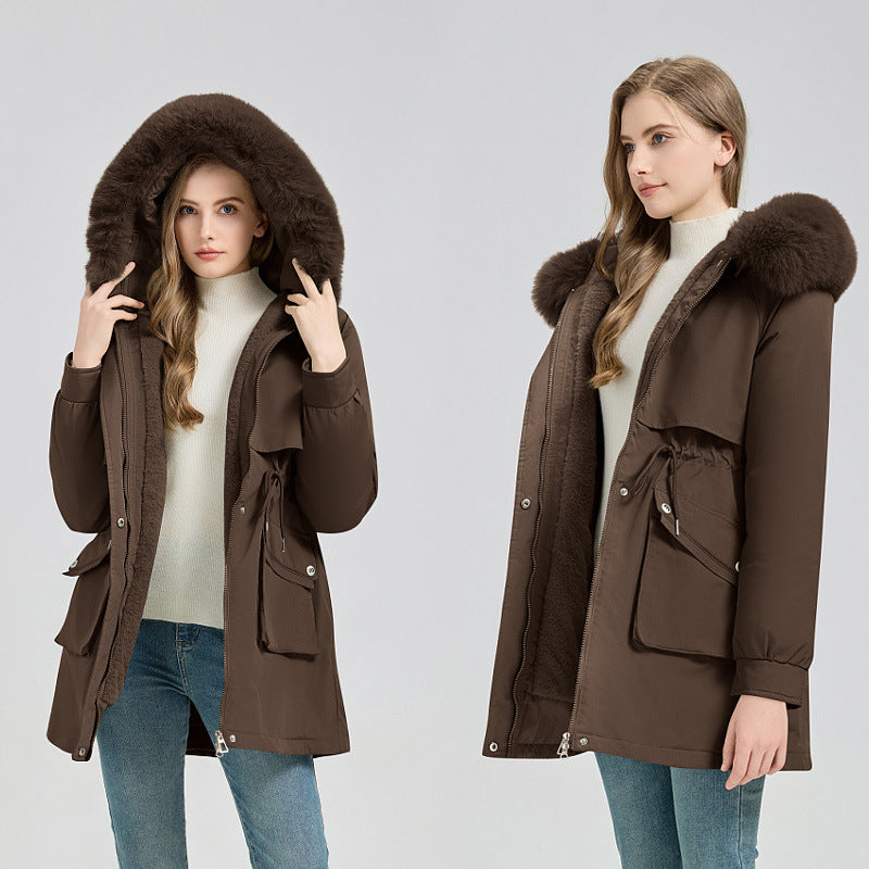Damen nan funktionaler Thermoparka mit innenliegendem Teddyfutter, verstellbarer Kordel-Taille und großen Aufsatztaschen EB
