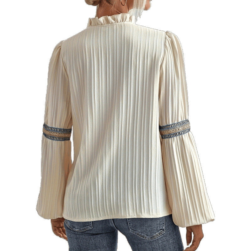Damen elegante plissierte Bluse mit verzierten Besätzen EB