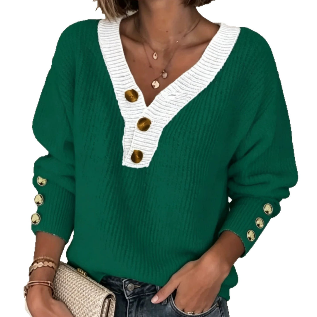 Damen Feinstrickpullover mit tiefem V-Ausschnitt, kontrastierter Knopfleiste und Zierknopf-Ärmeln EB