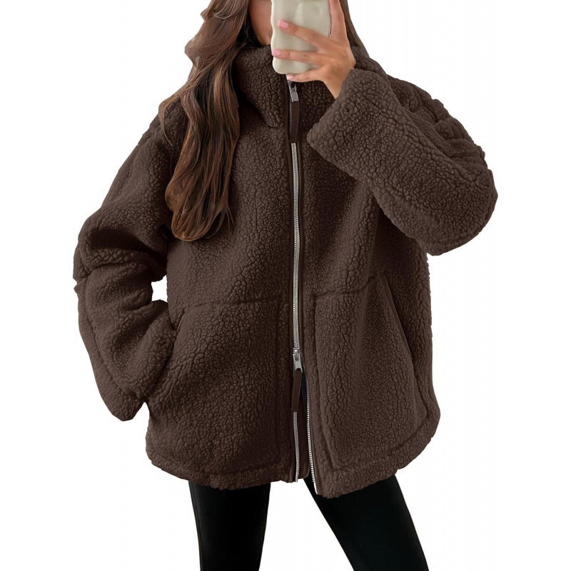 Damen Kuschelige Teddyfelljacke mit hohen Kragen und Reißverschluss EB