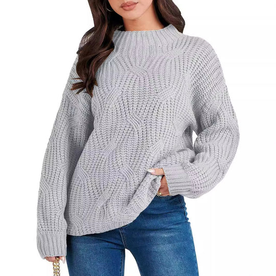 Damen Grobstrickpullover mit extravagantem Wellenmuster und hohem Kragen EB