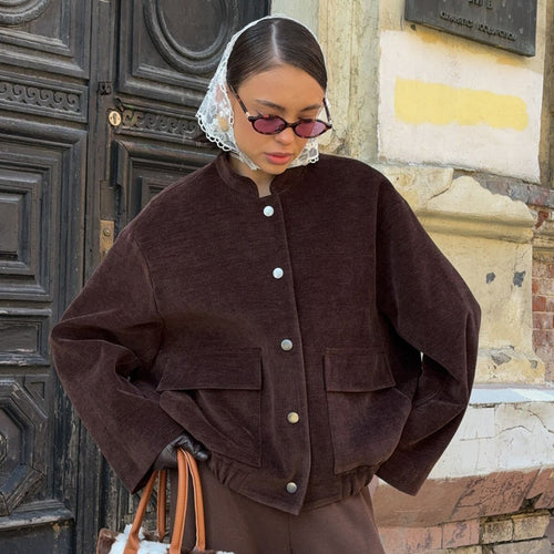 Damen Modischer Cord-Jacke mit breitem Kragen und aufgesetzten Taschen EB